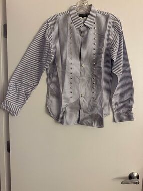 Comme des Garcons White & Blue Vertical Stripe Dress Shirt with Stud Accents